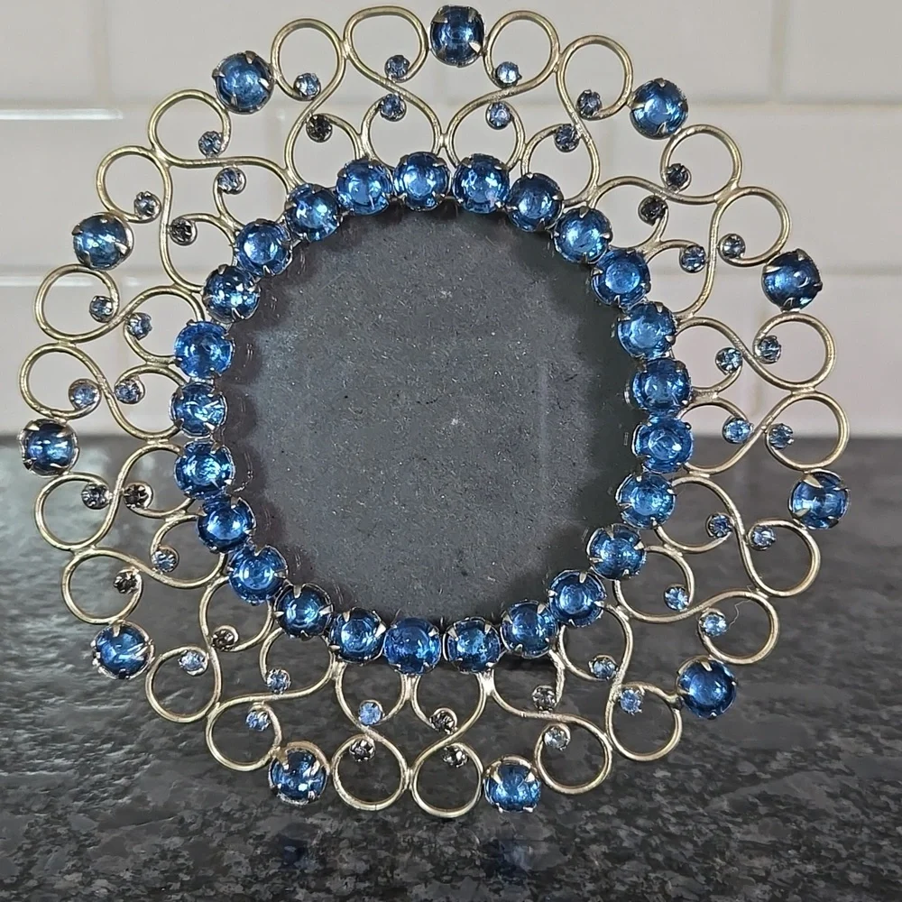 Gold Metal Round Frame Bedazzled with Blue Gem Stones